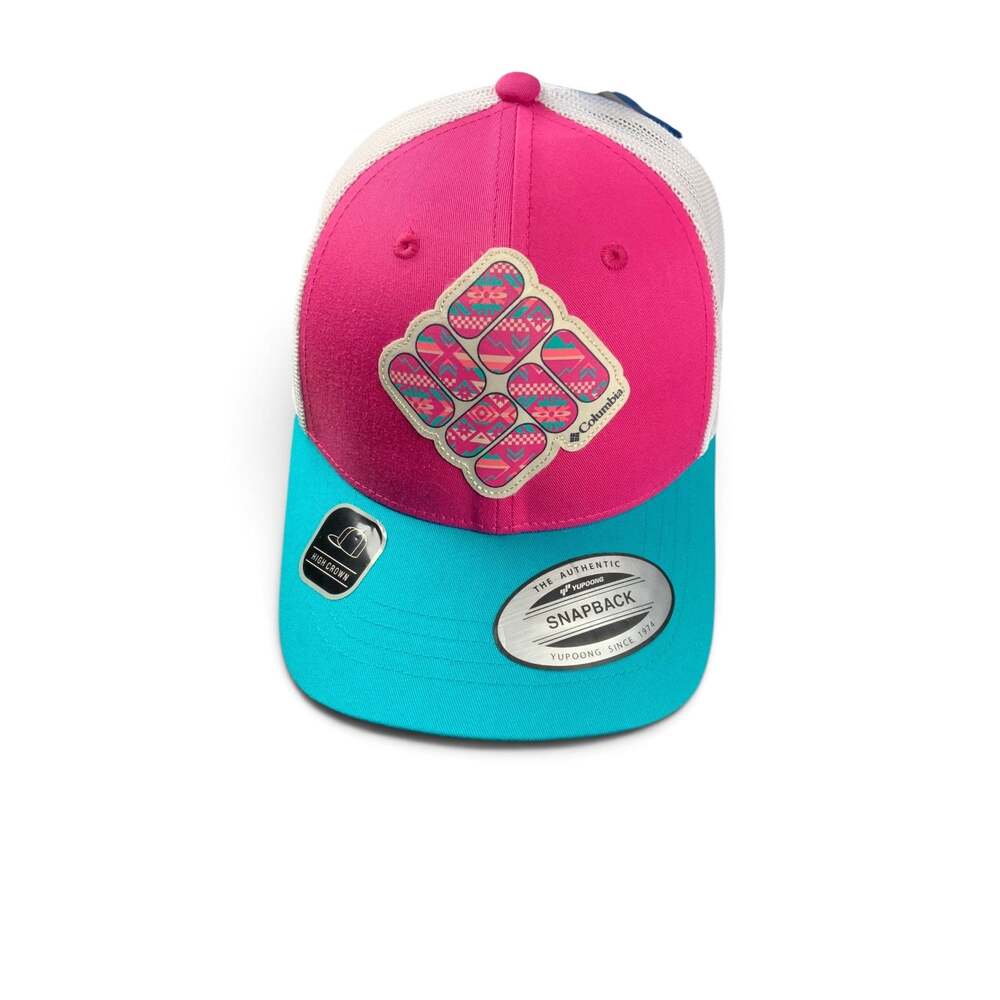 Columbia NWT Trucker Hat Pink Teal White Snapback High Crown Flip Flop Patch